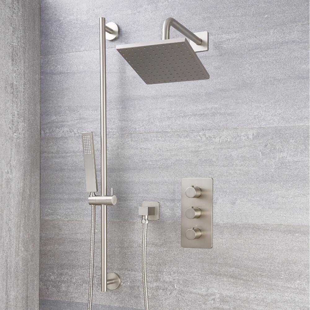 Mitigeur Thermostatique Douche - Pommeau 20cm & Kit douchette - Harting Nickel Brossé