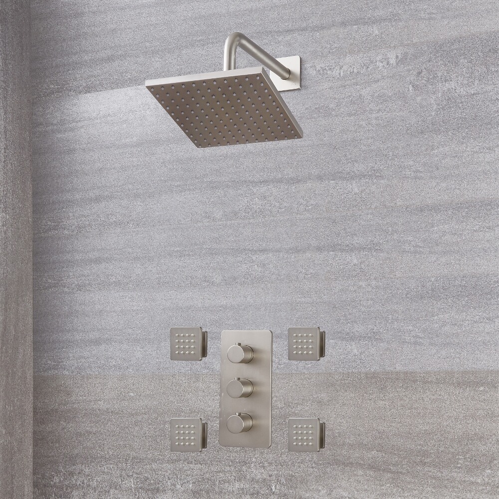 Mitigeur Thermostatique Douche - Pommeau 20cm & Buses hydromassantes - Harting Nickel Brossé