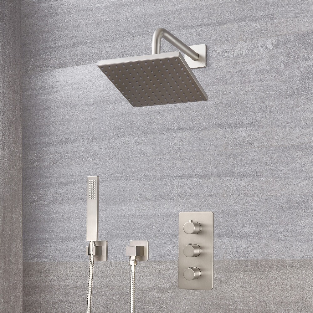 Mitigeur Thermostatique - Pommeau 20x20cm & Kit Douchette - Harting Nickel Brossé