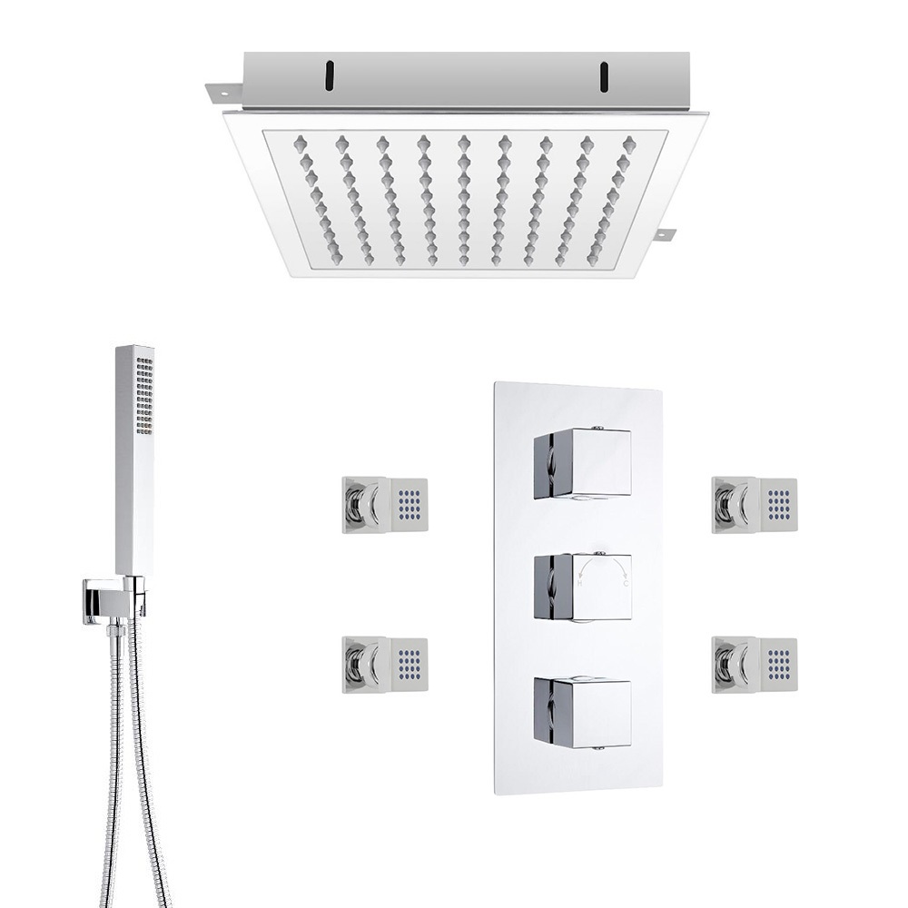 Kit de Douche Thermostatique Encastrable Pomme Plafonnier 28cm Douchette & 4 Buses