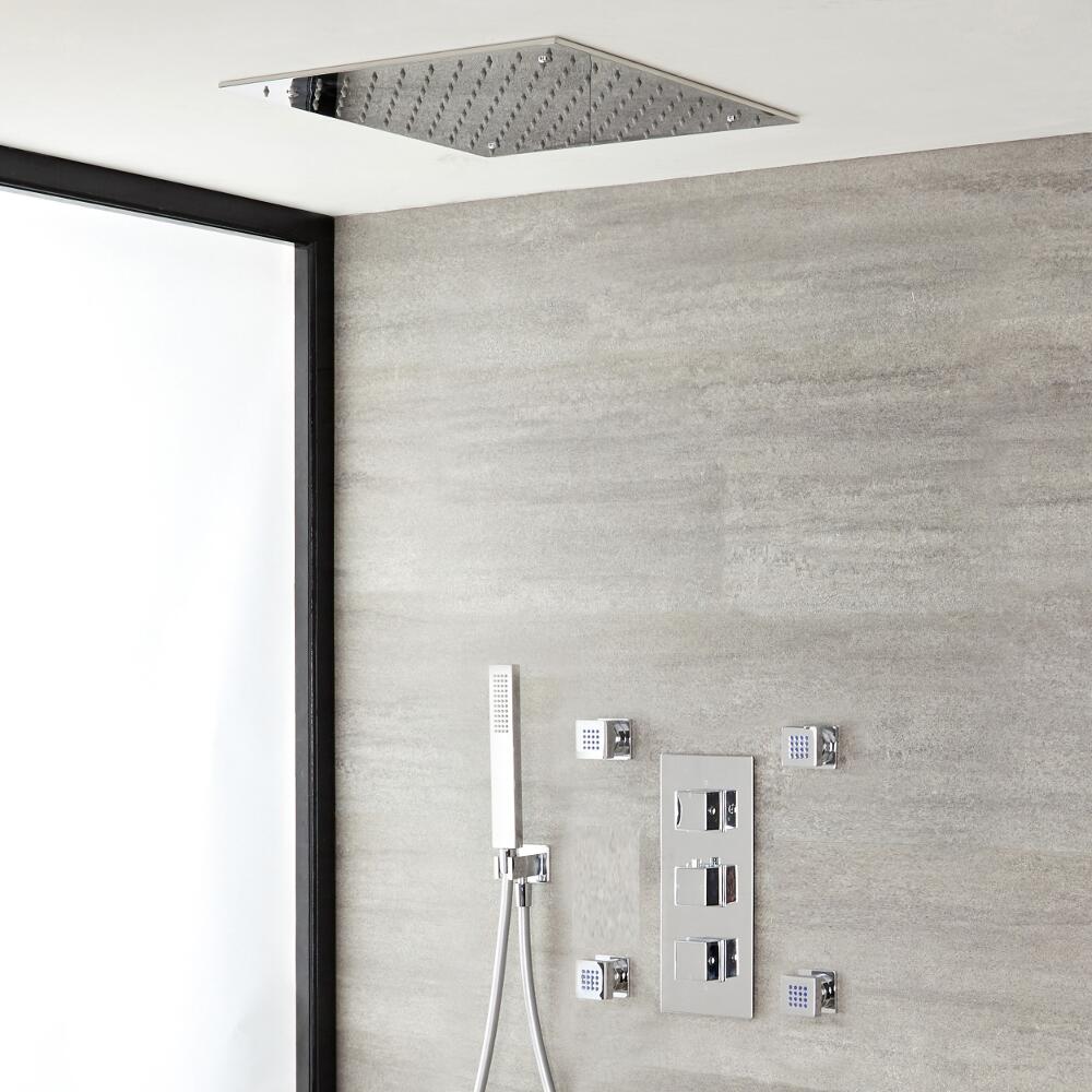 Kit de Douche Thermostatique Encastrable Pommeau Plafonnier 40cm Douchette & 4 Buses