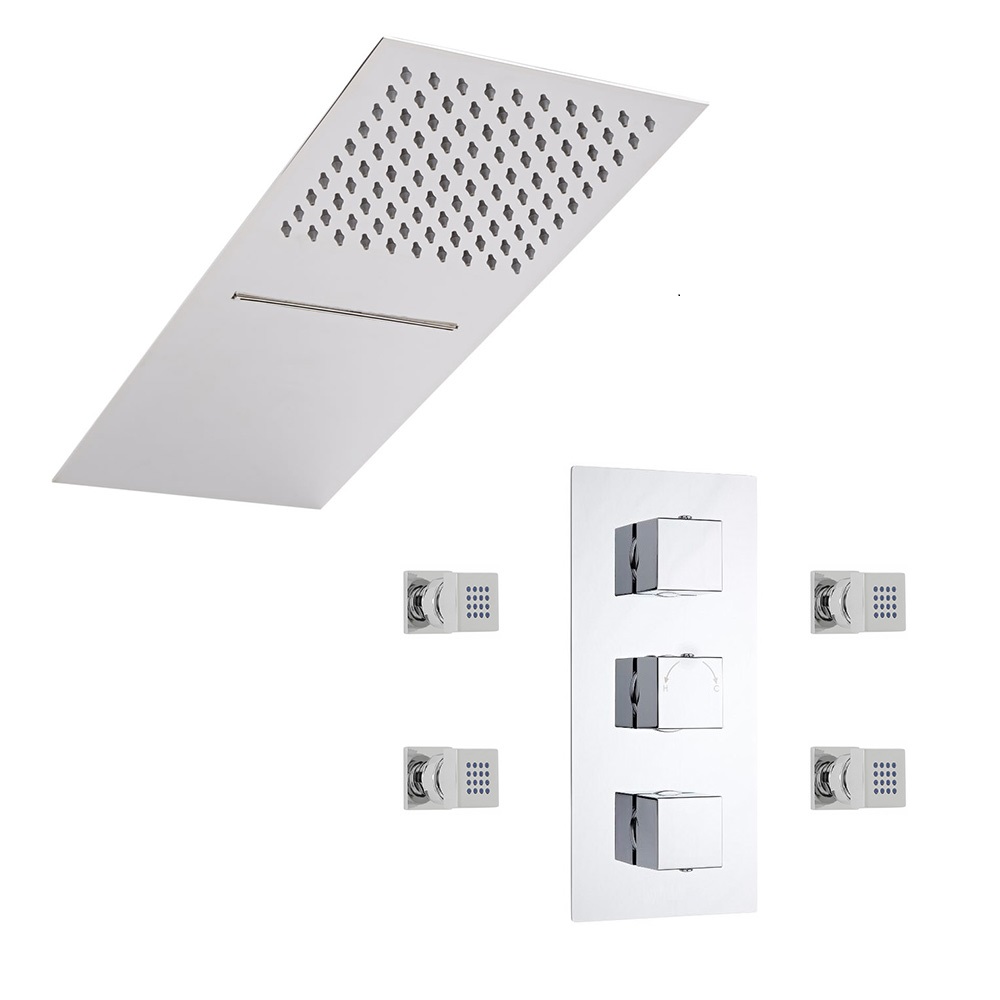 Kit de Douche Thermostatique Encastrable Cubique Pommeau Cascade 20x50cm & 4 Buses hydromassantes