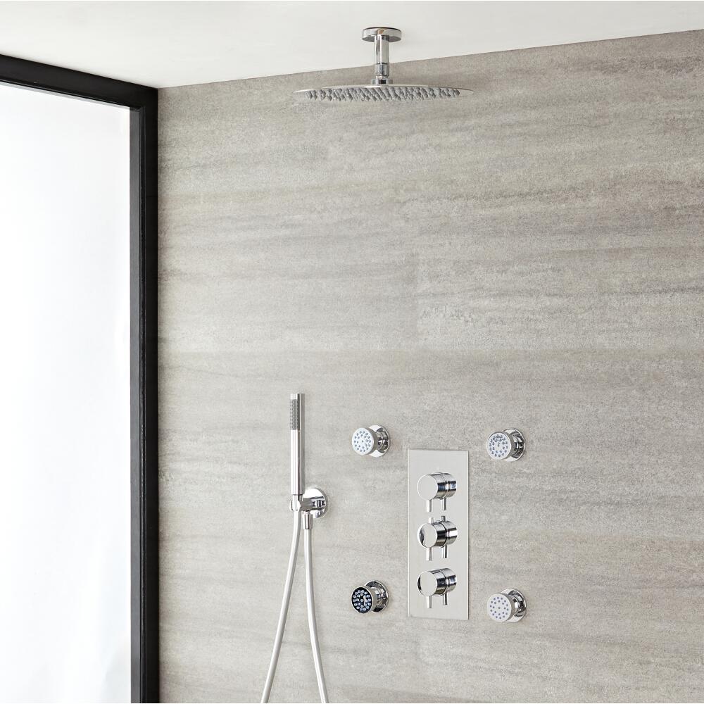Kit de Douche Thermostatique Encastrable à Pommeau Plafond Ø 30cm Douchette & 4 Buses