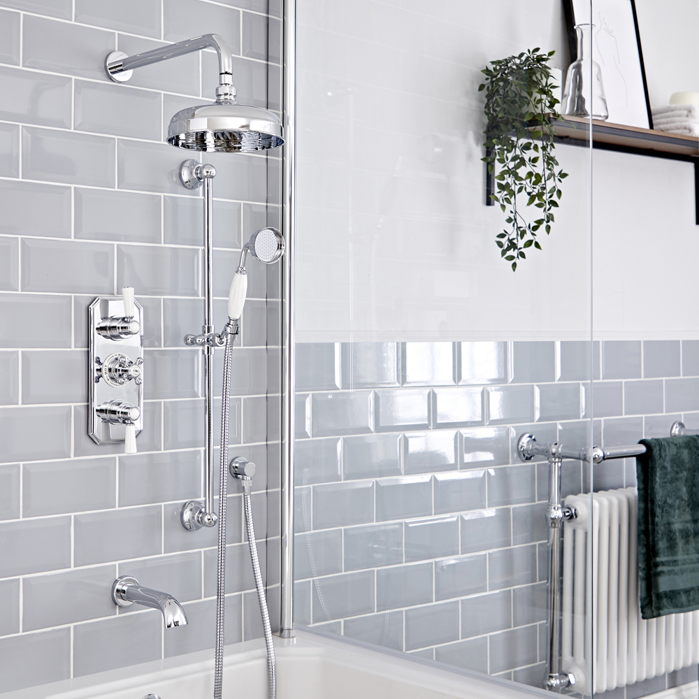 Kit de douche thermostatique à 3 fonctions avec inverseur - Pommeau de douche Ø 20 cm, bec verseur baignoire et kit douchette – Chromé et blanc - Elizabeth