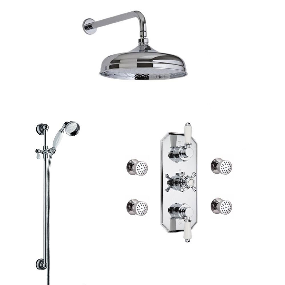 Kit de Douche Thermostatique Encastrable à Pommeau rond 15cm & 4 Buses Hydromassantes Design Rétro