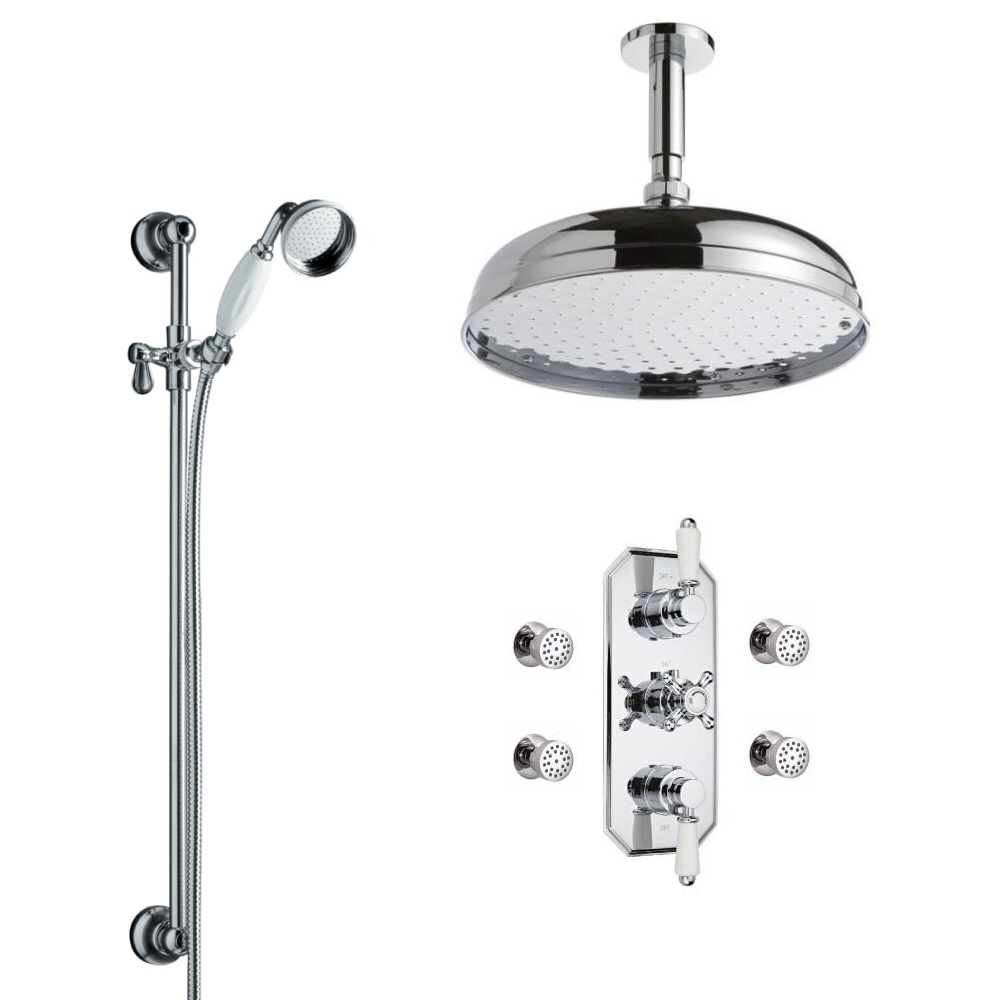 Douche Rétro Thermostatique Encastrable Pommeau Plafond Ø 30cm Douchette 7cm Buses hydromassantes