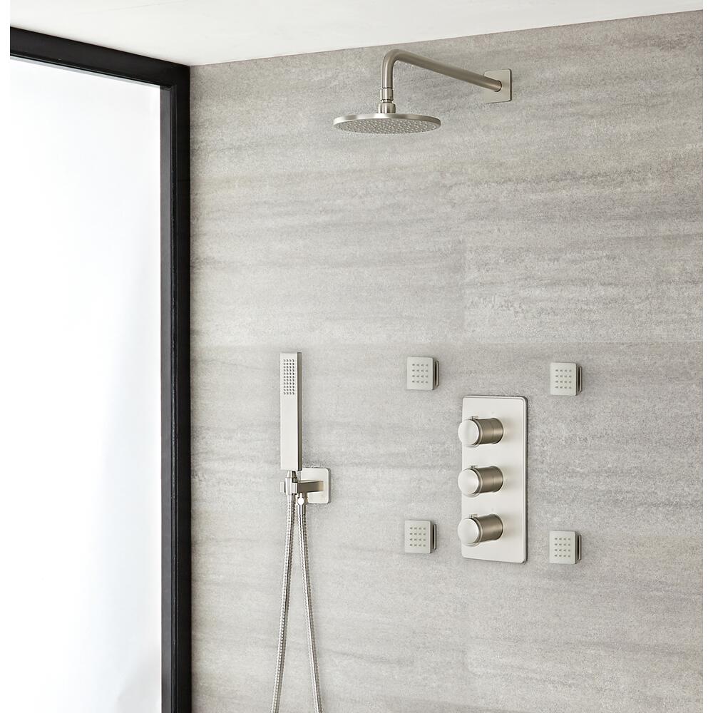 Mitigeur Thermostatique - Pommeau Ø 20cm - Douchette sur clip & Buses Hydromassantes - Aldwick Nickel Brossé