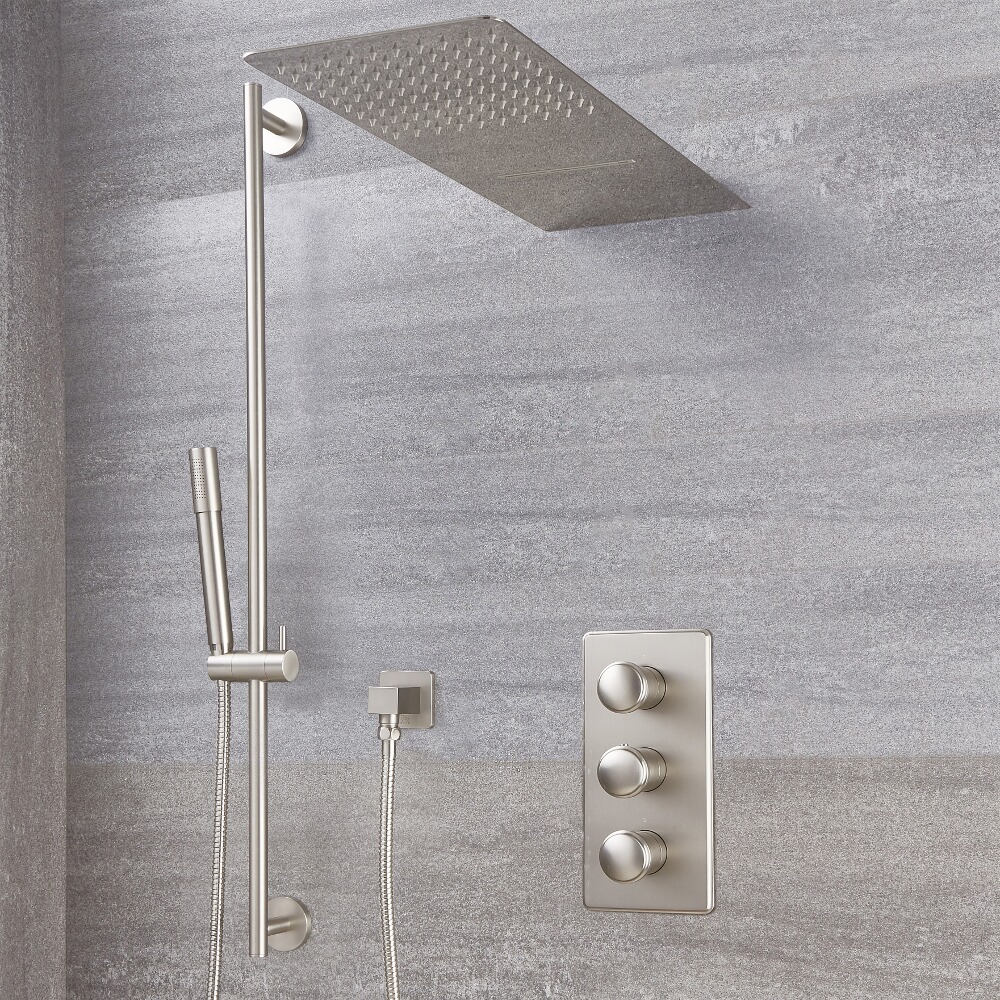 Mitigeur Thermostatique Douche - Pommeau Cascade & Kit Douchette - Aldwick Nickel Brossé
