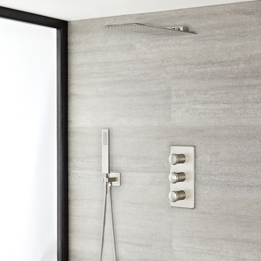 Mitigeur Thermostatique Douche - Pommeau Cascade & Douchette sur Clip - Aldwick Nickel Brossé
