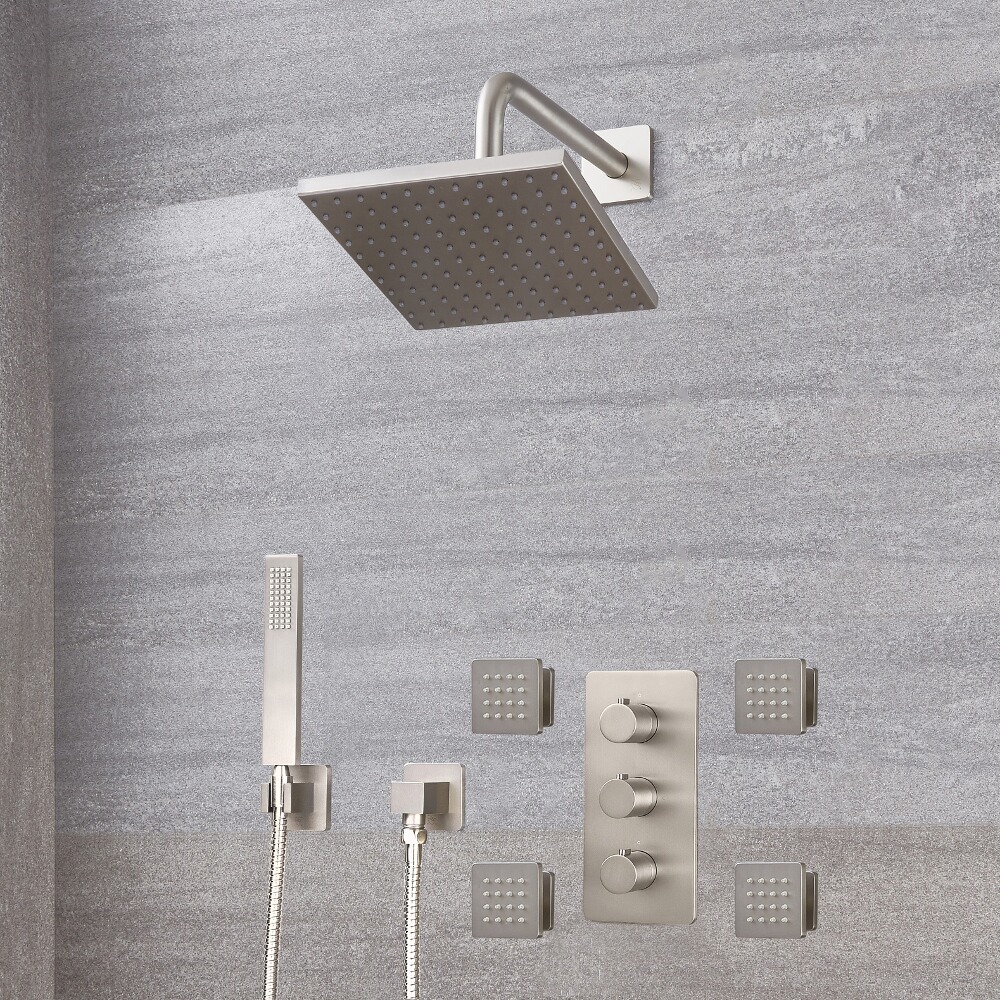 Mitigeur Thermostatique Douche - Pommeau 20cm - Buses hydromassantes & Douchette sur clip - Harting Nickel Brossé