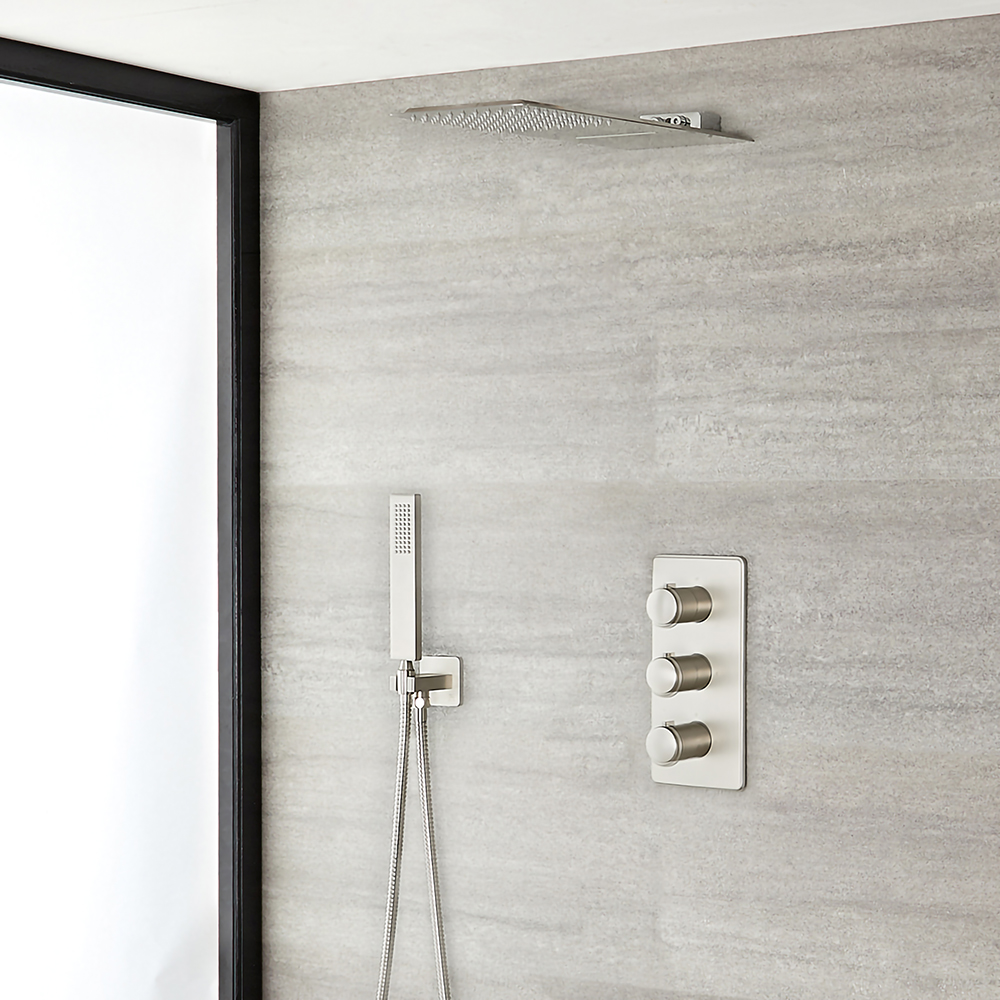 Mitigeur Thermostatique Douche - Pommeau Cascade & Douchette sur clip - Harting Nickel Brossé