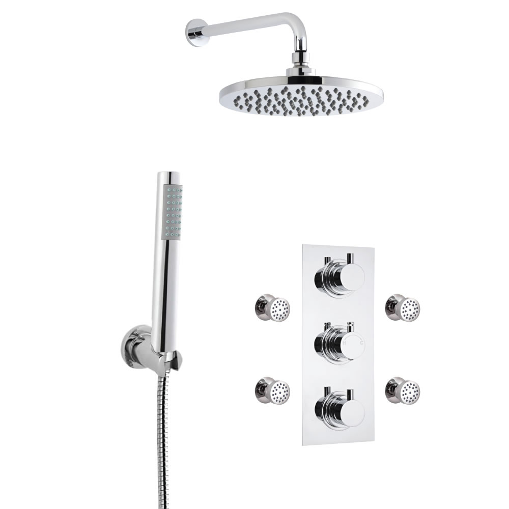 Douche Encastrable 3 Robinets Pommeau Mural Rond 20cm Douchette Minimaliste & 4 Jets Hydromassants