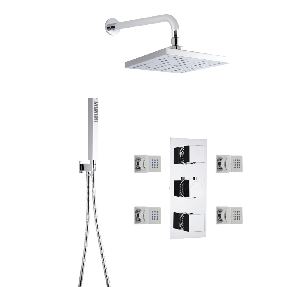 Douche Encastrable 3 Robinets Pommeau Mural Carré 20cm Douchette Minimaliste & 4 Jets Hydromassants