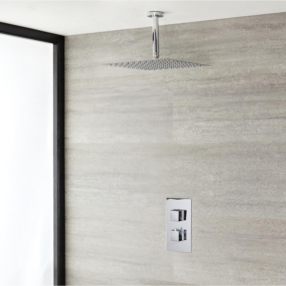 Kit de Douche Thermostatique Encastrable à Pomme Plafond Carrée 30x30cm