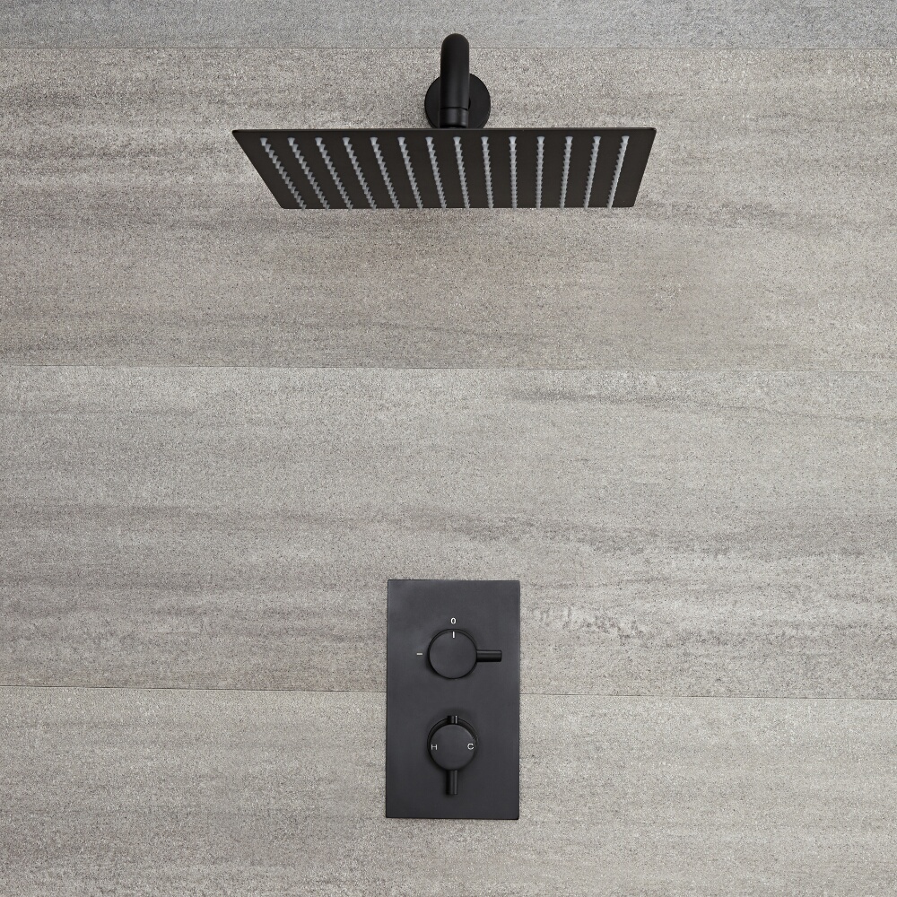 Kit de douche noir - Mitigeur thermostatique encastrable & pommeau de douche 30x30cm - Nox
