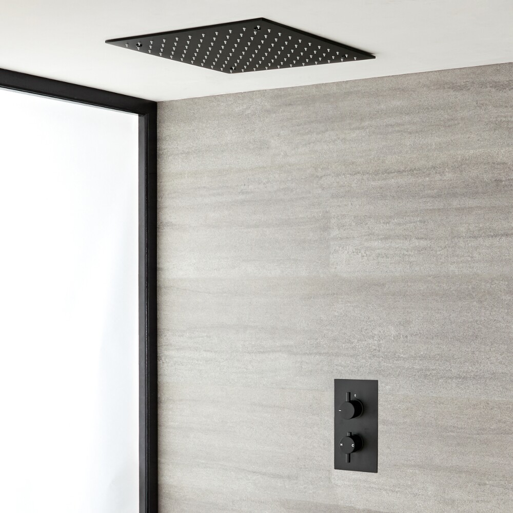 Mitigeur douche noir double encastré et pommeau de douche carré encastré 40 cm – Nox