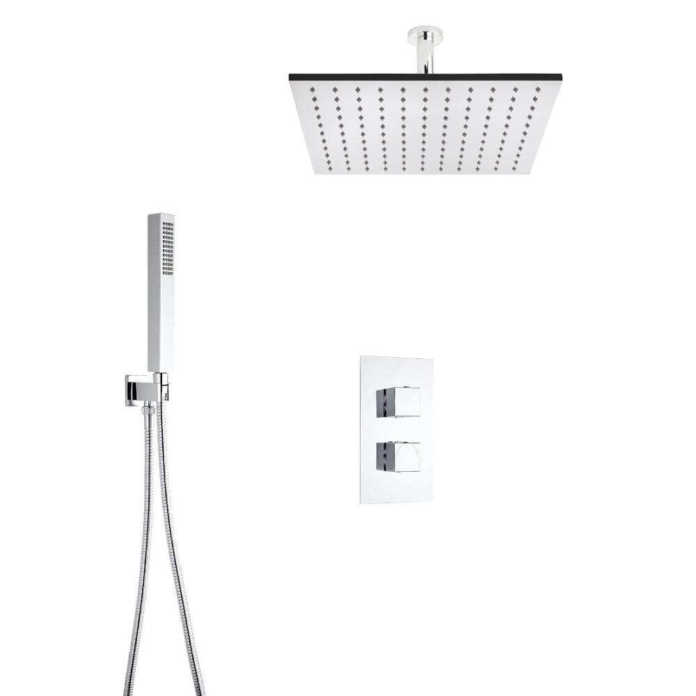 Kit de Douche Thermostatique Encastrable Cubique - Pomme Plafond Carrée 40cm & Douchette