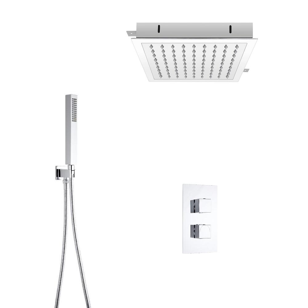 Kit de Douche Thermostatique Encastrable Cubisme Minimaliste Pommeau Plafond 28x28cm & Douchette