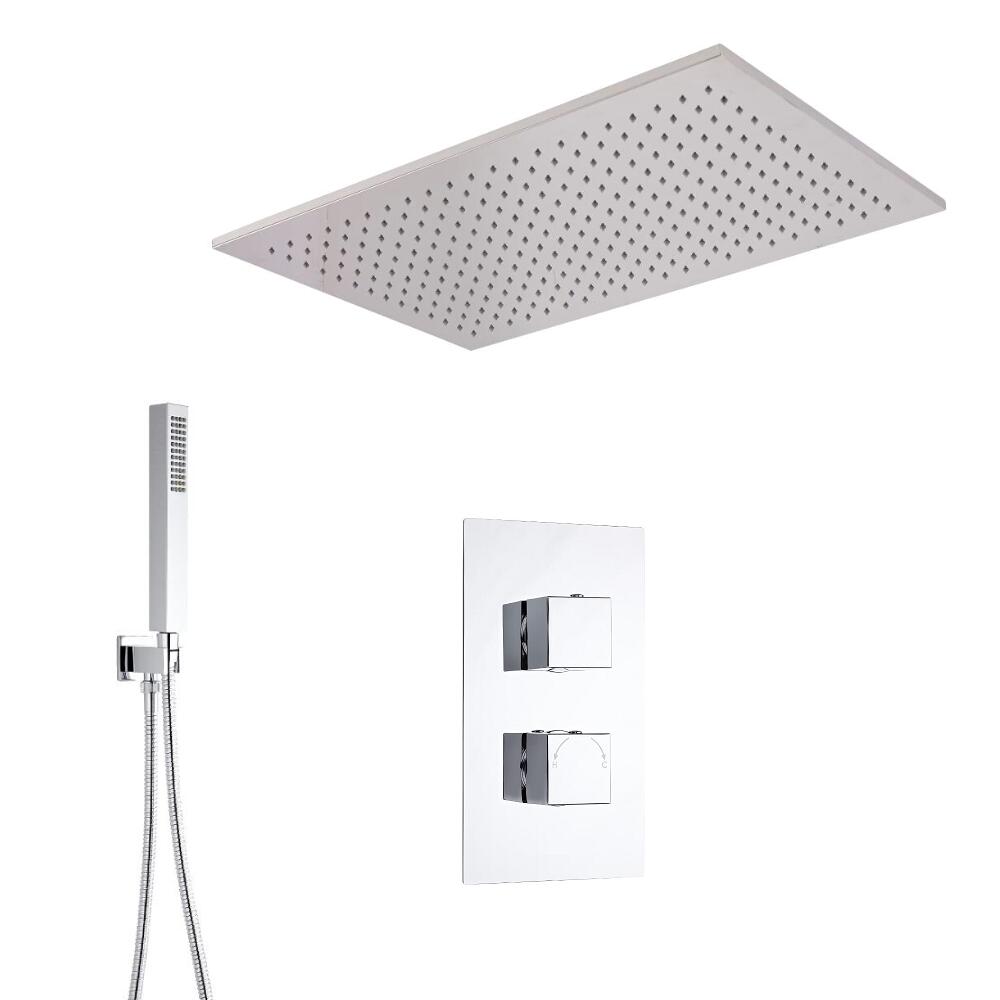 Kit de Douche Thermostatique Encastrable Cubique Pommeau Plafond Suspendu 80x50cm & Douchette