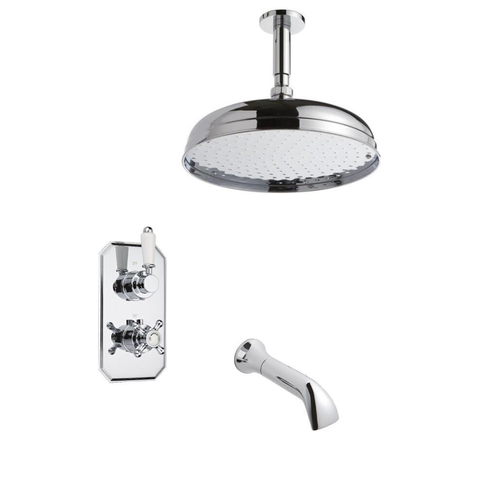 Kit de Douche Thermostatique Encastrable Pommeau Plafond Ø 30cm Bec verseur & Mitigeur Rétro