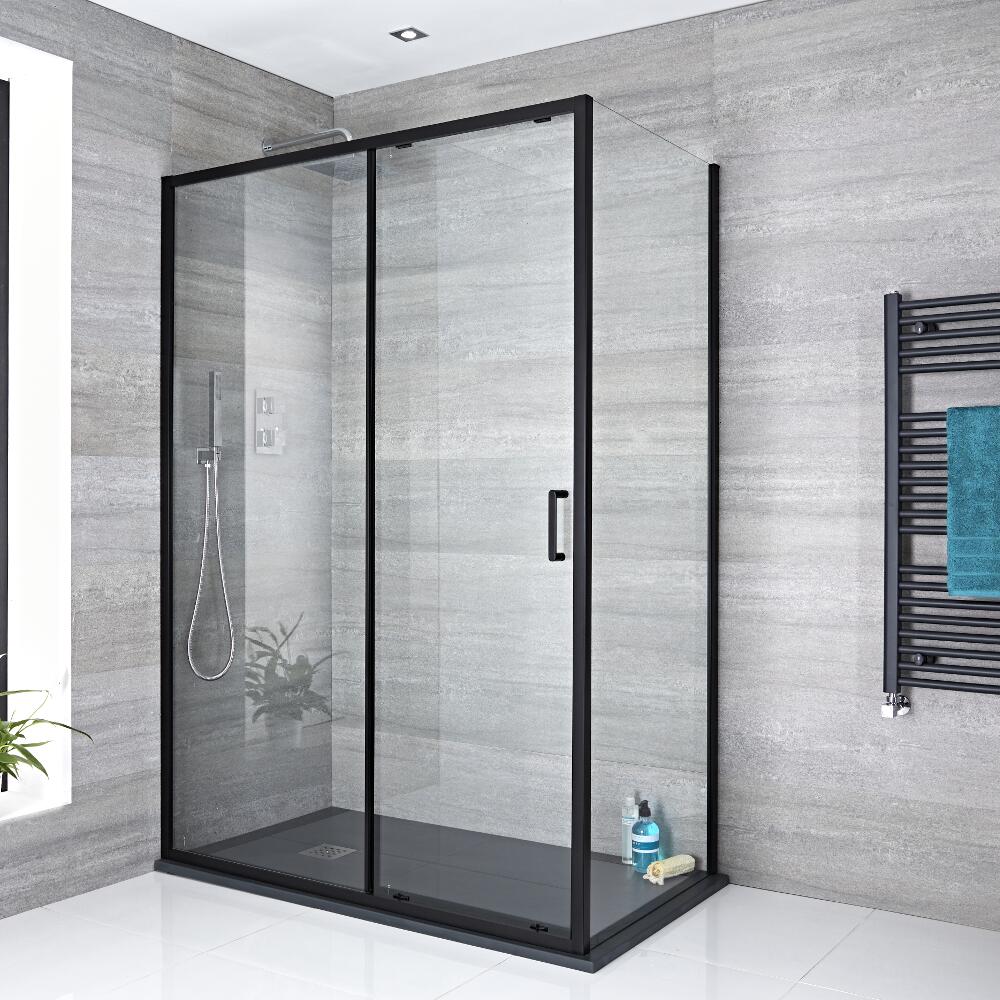 Porte de Douche Coulissante Portland Noir & Retour - Choix de Tailles
