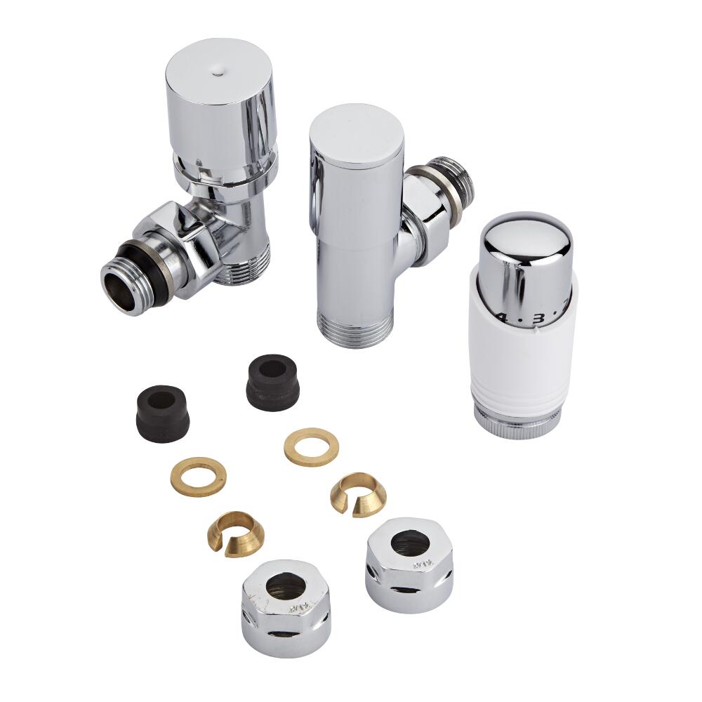 Robinet Radiateur Thermostatique Blanc & Chrome 3/4'' Mâle & Adaptateurs cuivre 12mm