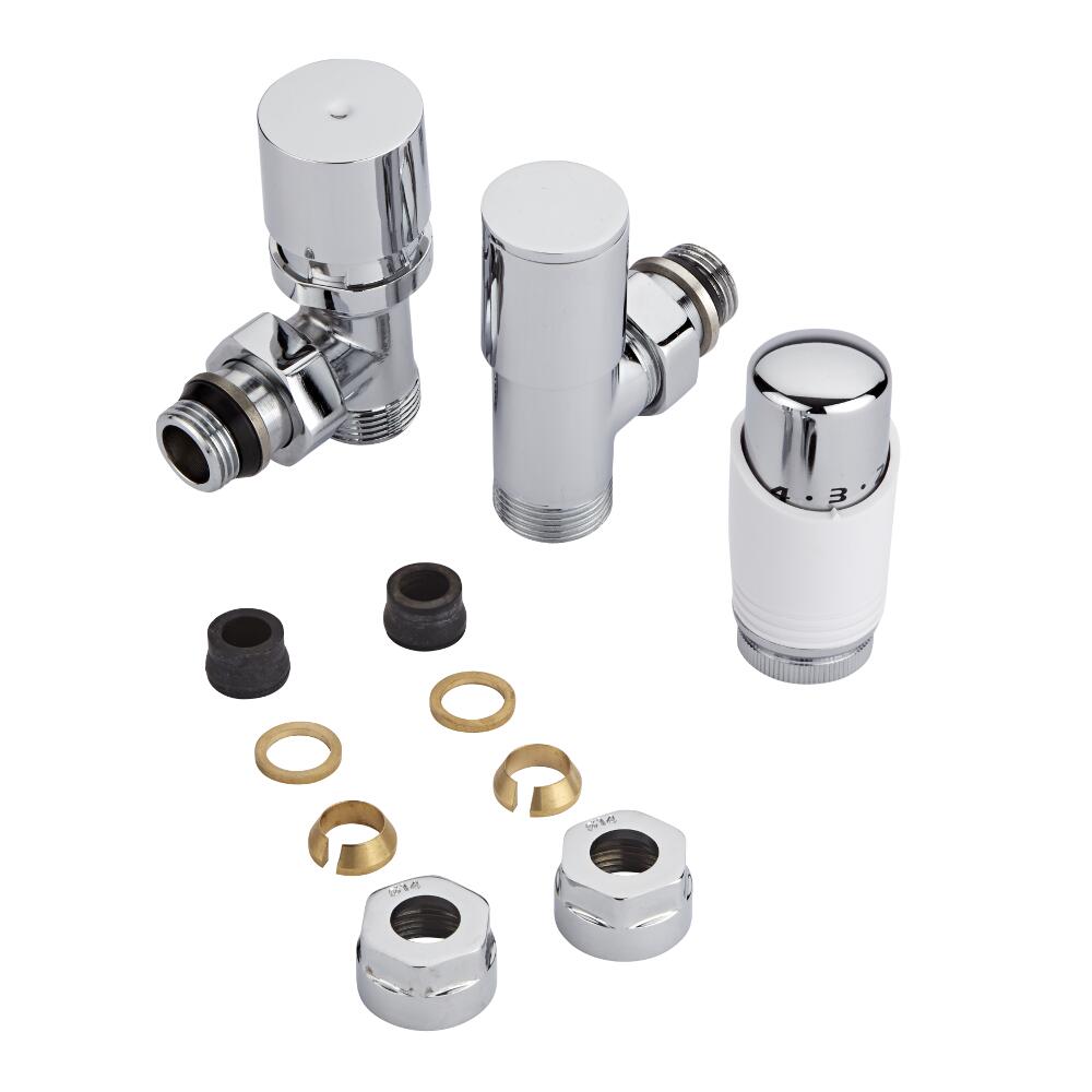 Robinet Radiateur Thermostatique Blanc & Chrome 3/4'' Mâle & Adaptateurs cuivre 14mm
