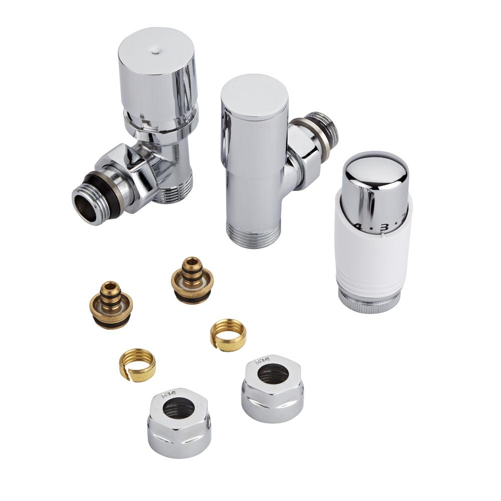 Robinet Radiateur Thermostatique Blanc & Chrome 3/4'' Mâle & Adaptateurs de 14mm