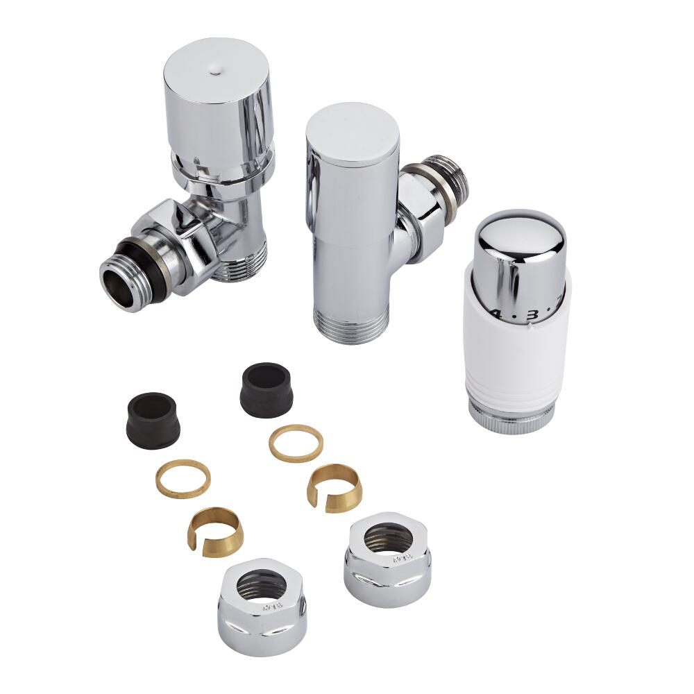 Robinet Radiateur Thermostatique Blanc & Chrome 3/4'' Mâle & Adaptateurs cuivre 16mm