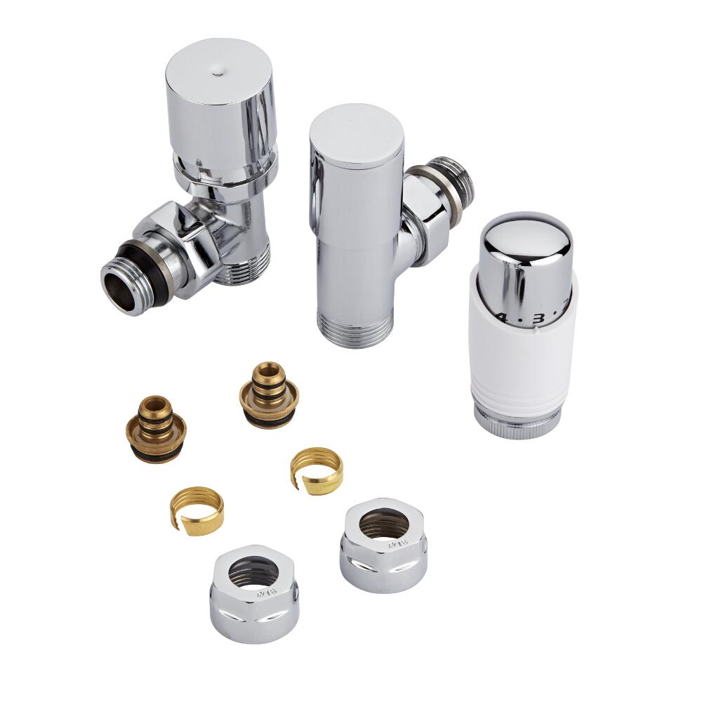 Robinet Radiateur Thermostatique Blanc & Chrome 3/4'' Mâle & Adaptateurs de 16mm