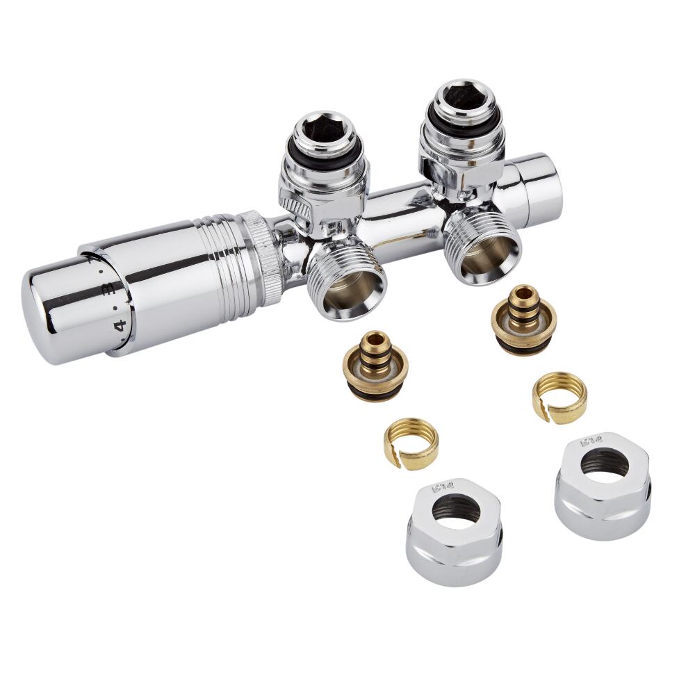 Robinet Radiateur Thermostatique Équerre d'Angle 3/4'' Mâle Chromé & Adaptateurs multicouche 14mm