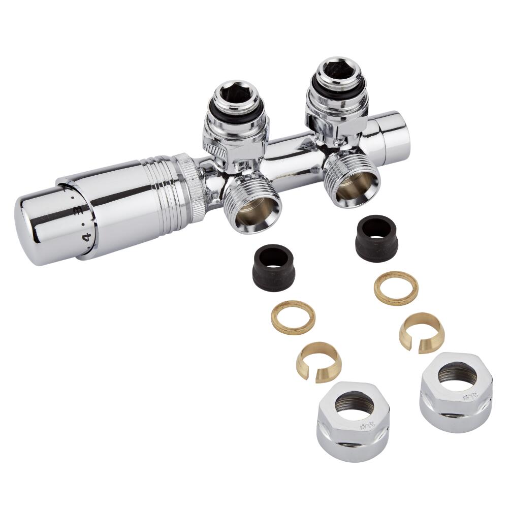 Robinet Radiateur Thermostatique Équerre d'Angle 3/4'' Mâle Chromé & Adaptateurs cuivre 15mm