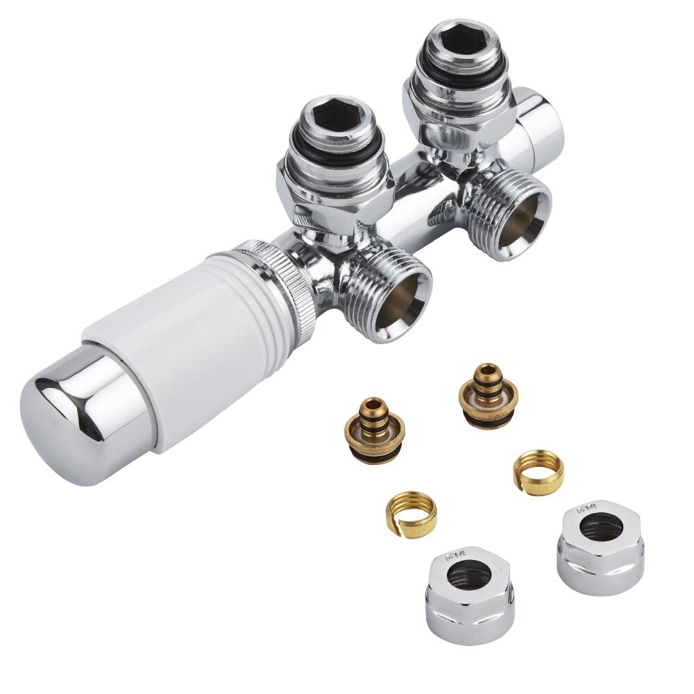 Robinet Radiateur Thermostatique Équerre d'Angle 3/4'' Mâle Blanc & Chrome & Adaptateurs multicouche 14mm