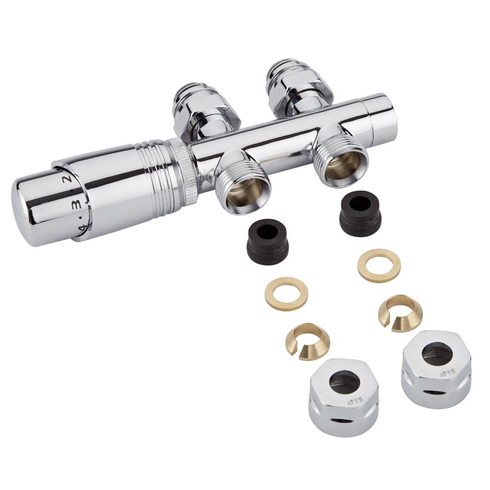 Robinet Radiateur Équerre droit Thermostatique 3/4'' Mâle Chromé & Adaptateurs cuivre 12mm