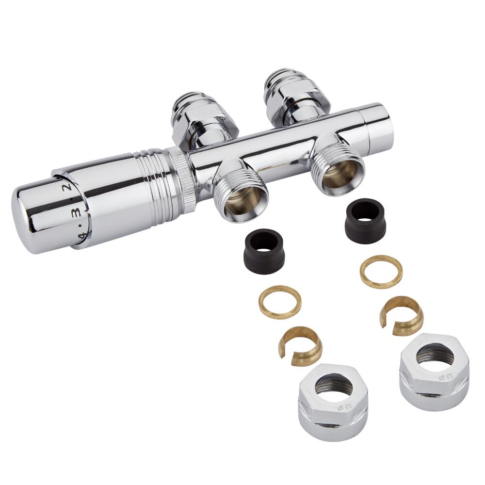 Robinet Radiateur Équerre droit Thermostatique 3/4'' Mâle Chromé & Adaptateurs cuivre 15mm