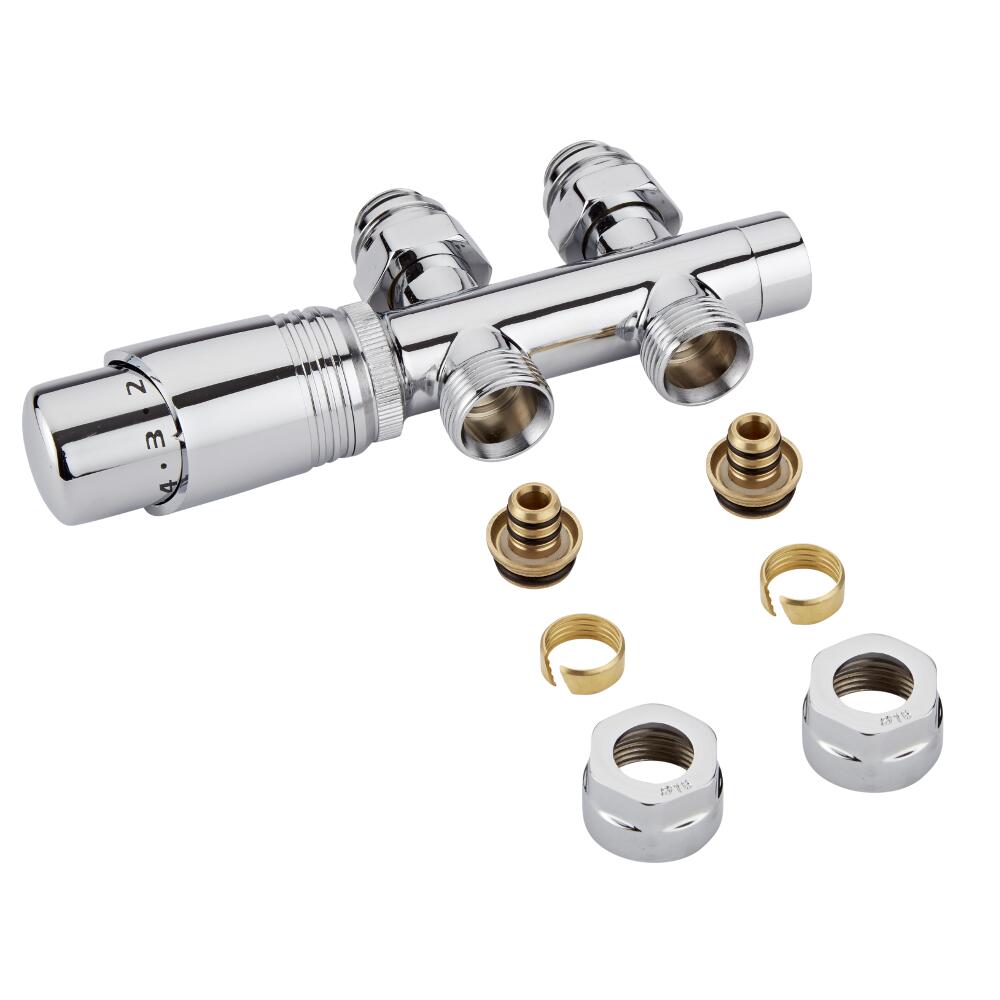 Robinet Radiateur Équerre droit Thermostatique 3/4'' Mâle Chromé & Adaptateurs multicouche 16mm