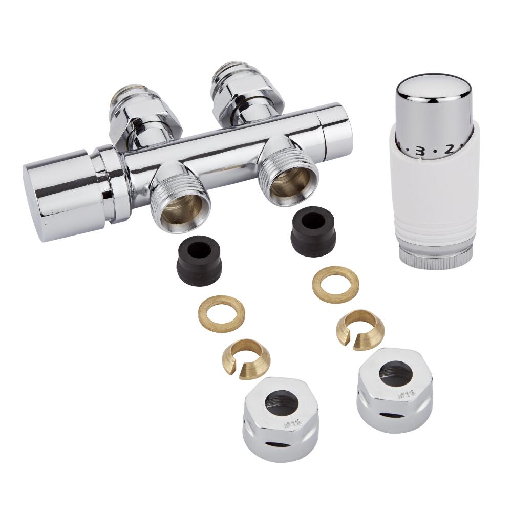 Robinet Radiateur Équerre droit Thermostatique 3/4'' Mâle Blanc & Chrome & Adaptateurs cuivre 12mm
