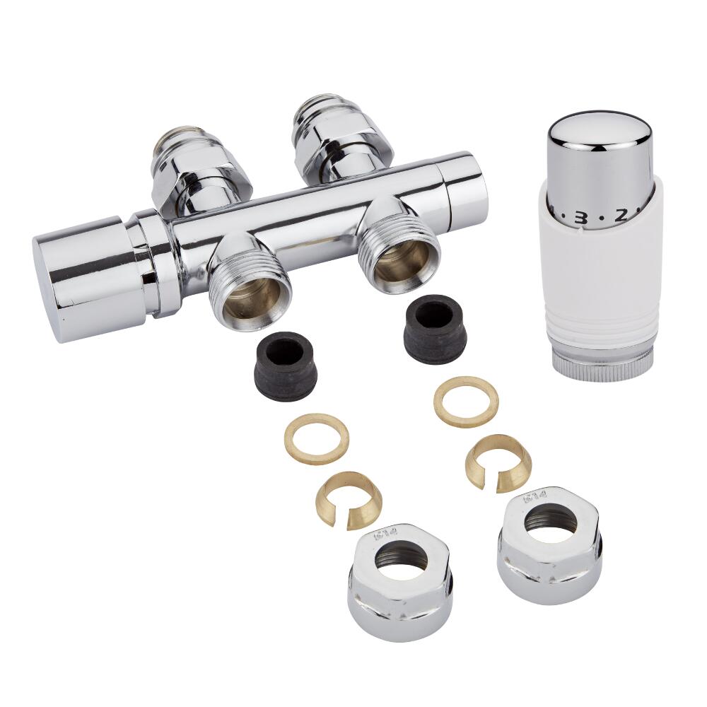 Robinet Radiateur Équerre droit Thermostatique 3/4'' Mâle Blanc & Chrome & Adaptateurs cuivre 14mm