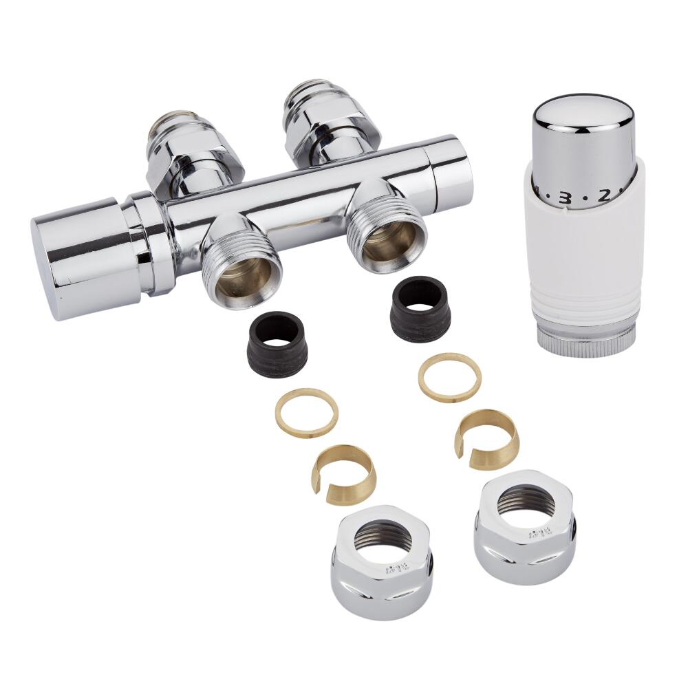 Robinet Radiateur Équerre droit Thermostatique 3/4'' Mâle Blanc & Chrome & Adaptateurs cuivre 16mm