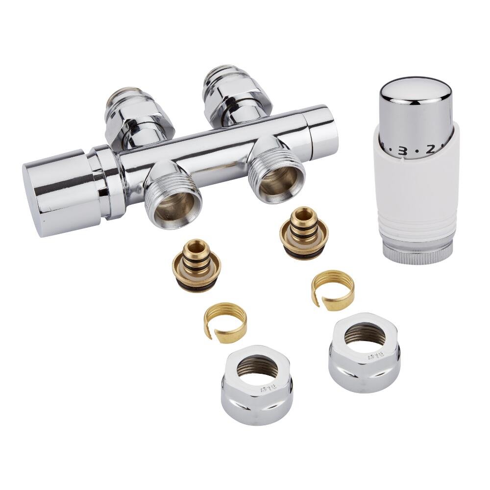 Robinet Radiateur Équerre droit Thermostatique 3/4'' Mâle Blanc & Chrome & Adaptateurs multicouche 16mm