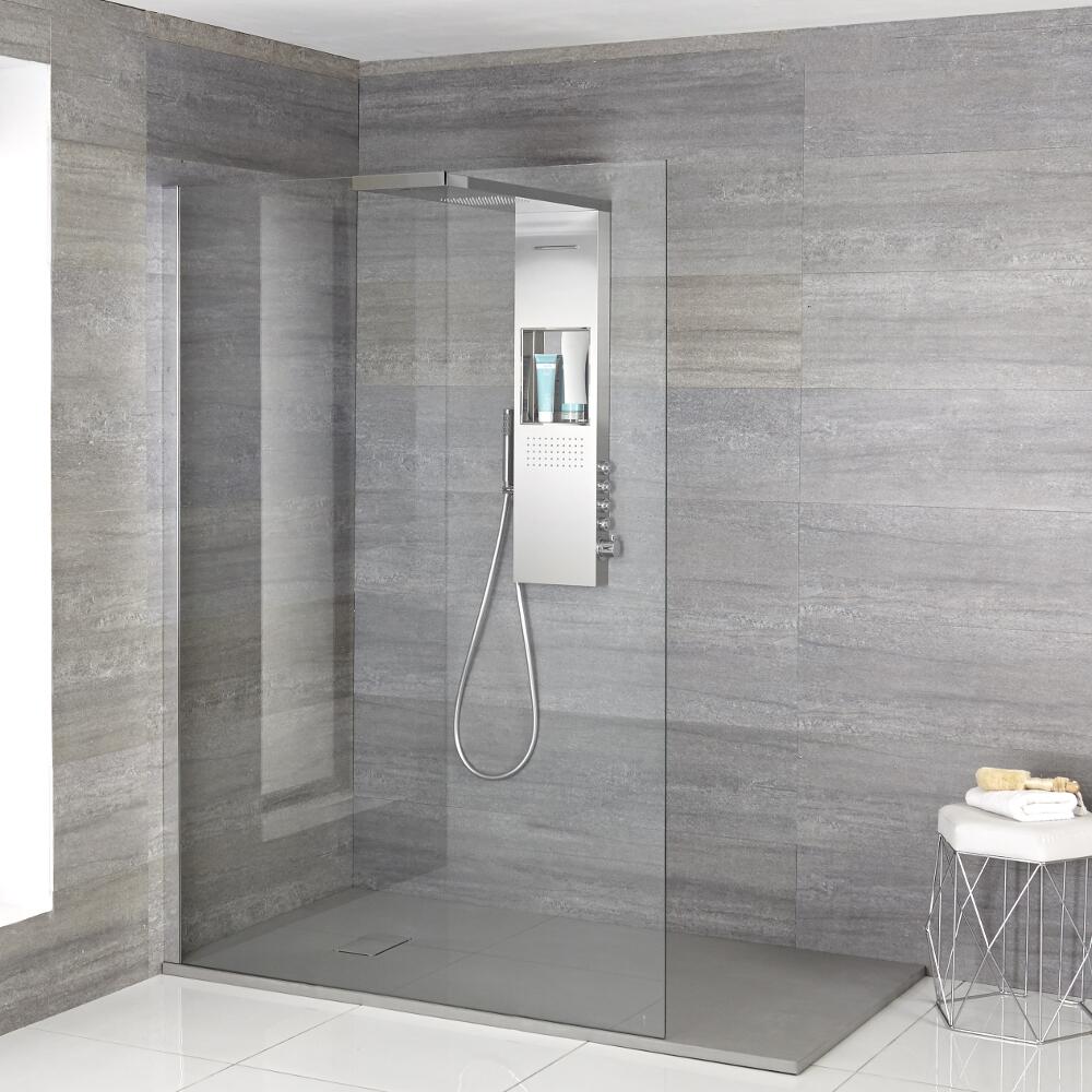 Paroi de douche Portland - Receveur extra plat gris perle & Colonne de douche thermostatique - Choix de Tailles