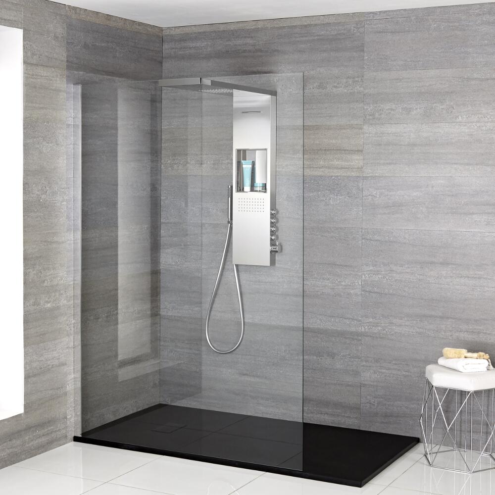 Paroi de douche Portland - Receveur extra plat anthracite & Colonne de douche thermostatique - Choix de Tailles