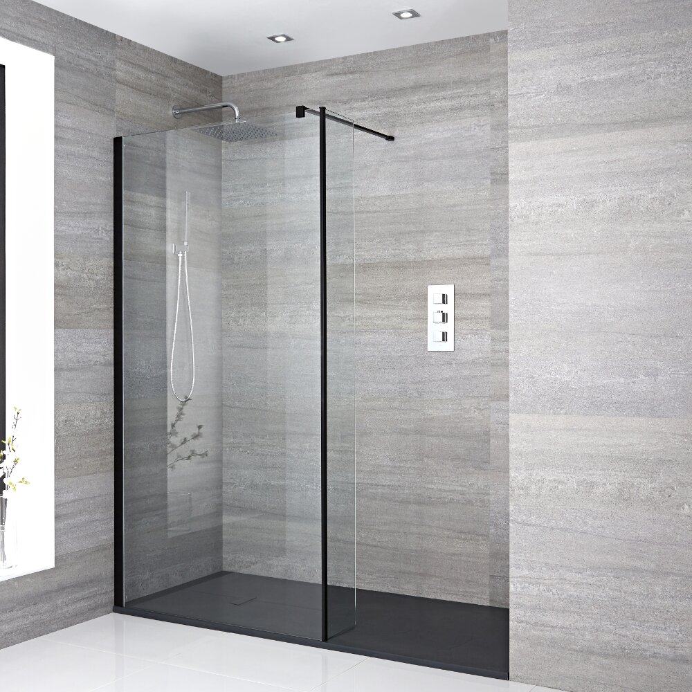 Paroi de douche 80x195cm Profilé noir Retour & Receveur 140x80cm Anthracite Nox