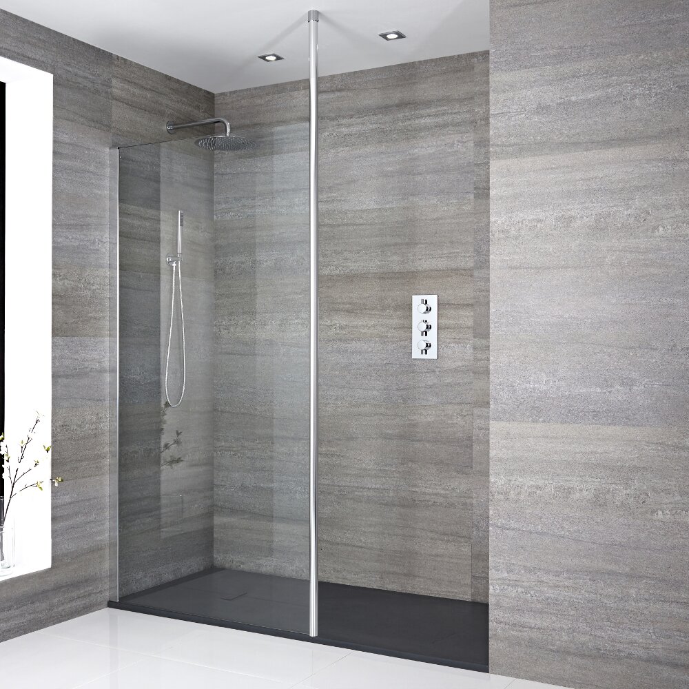 Paroi de douche 100x195cm avec bras stabilisateur recoupable & Receveur Anthracite 170x80cm Sera