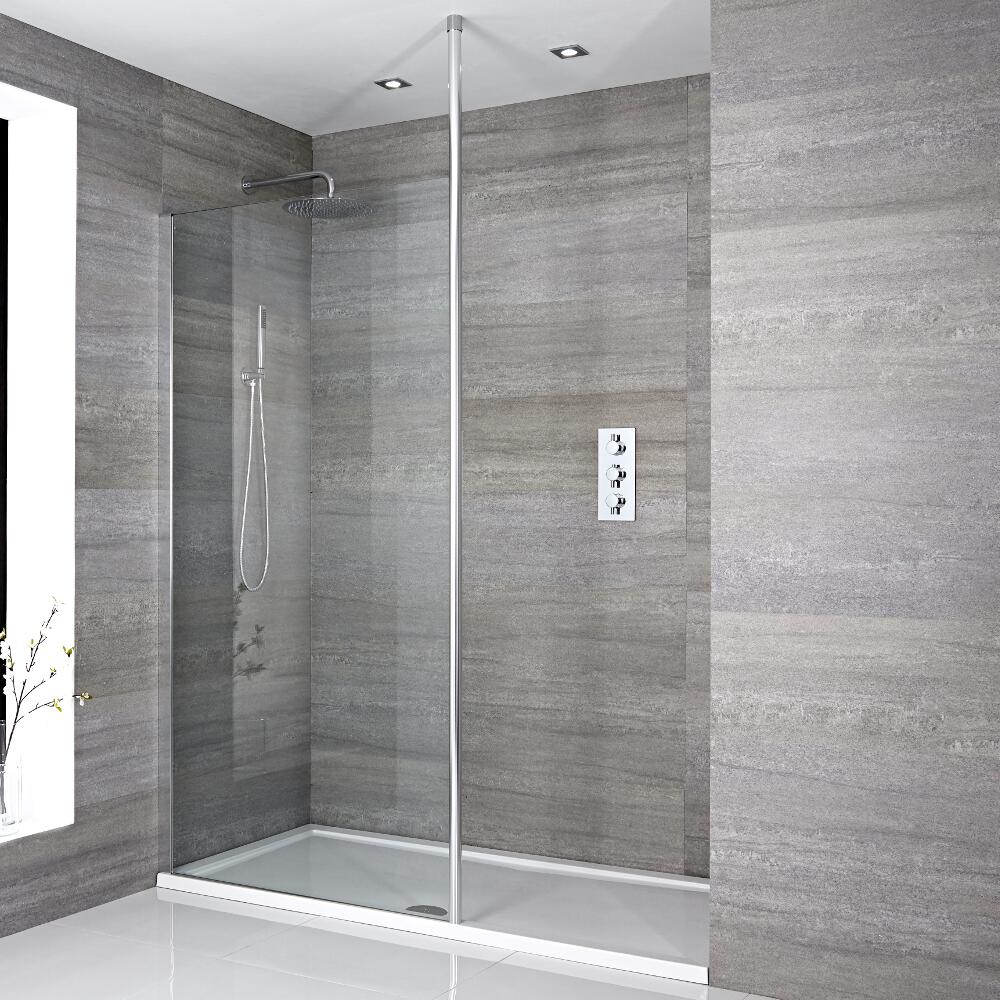 Paroi de douche 80x195cm avec bras stabilisateur recoupable & Receveur 140x90cm Sera