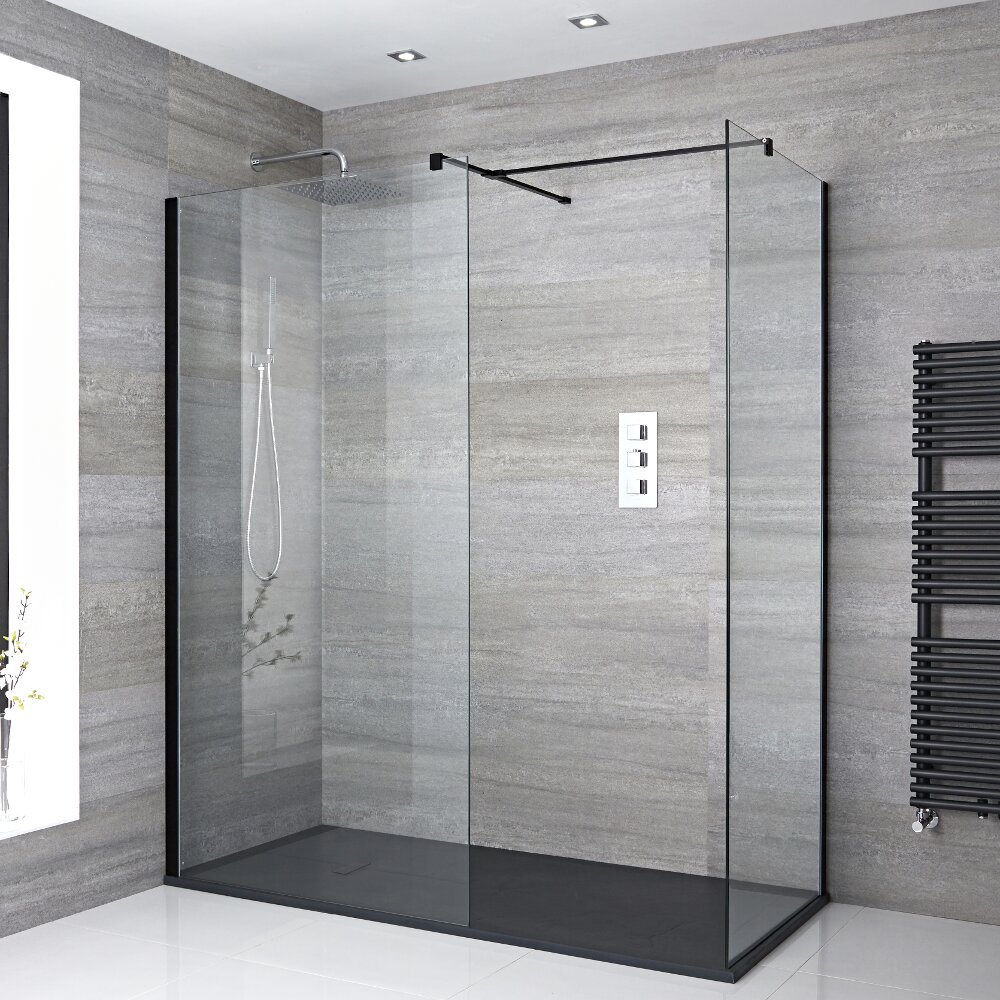 Paroi de Douche 80 & 90cm profilés noirs - Lot de 2 avec bras stabilisateurs - Pièce T & Receveur Anthracite 140 x 90cm Nox