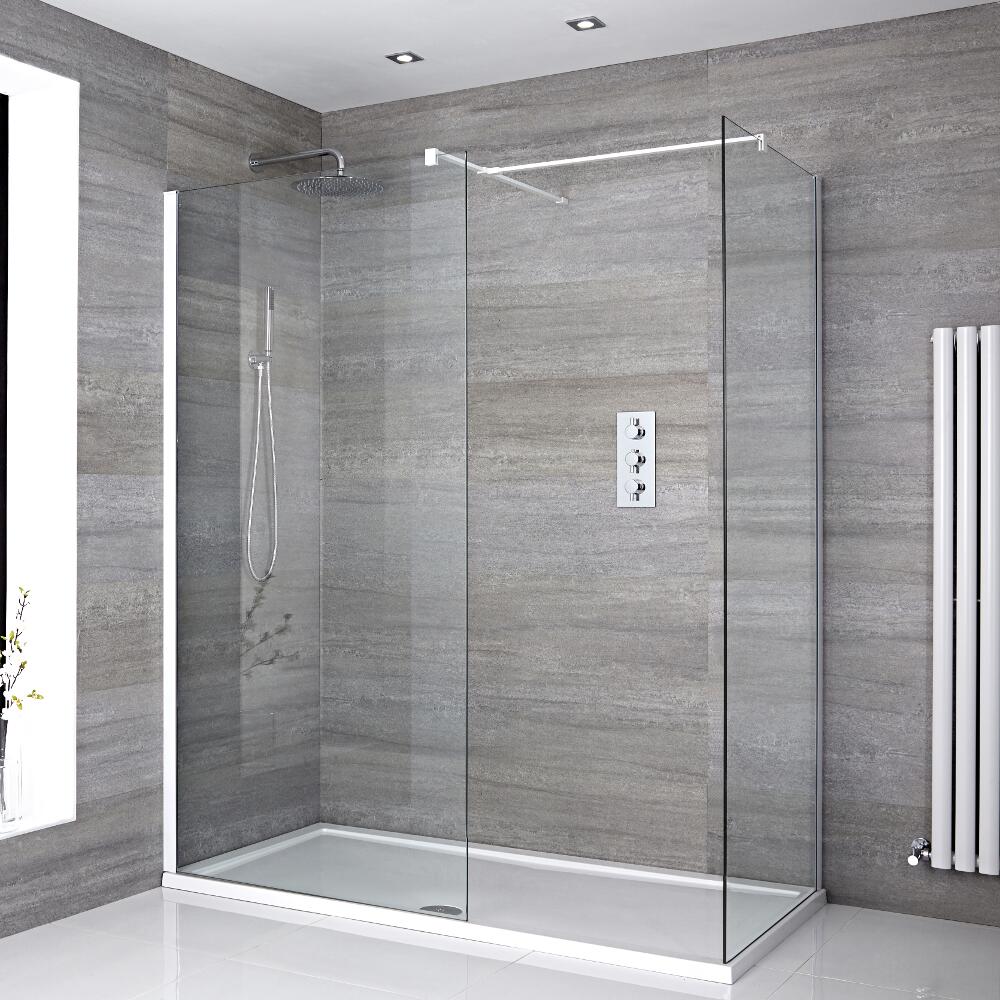Paroi de Douche 80cm & 100cm Profilés blancs Lot de 2 - avec bras stabilisateurs - Pièce T & Receveur 160 x 80cm Portland