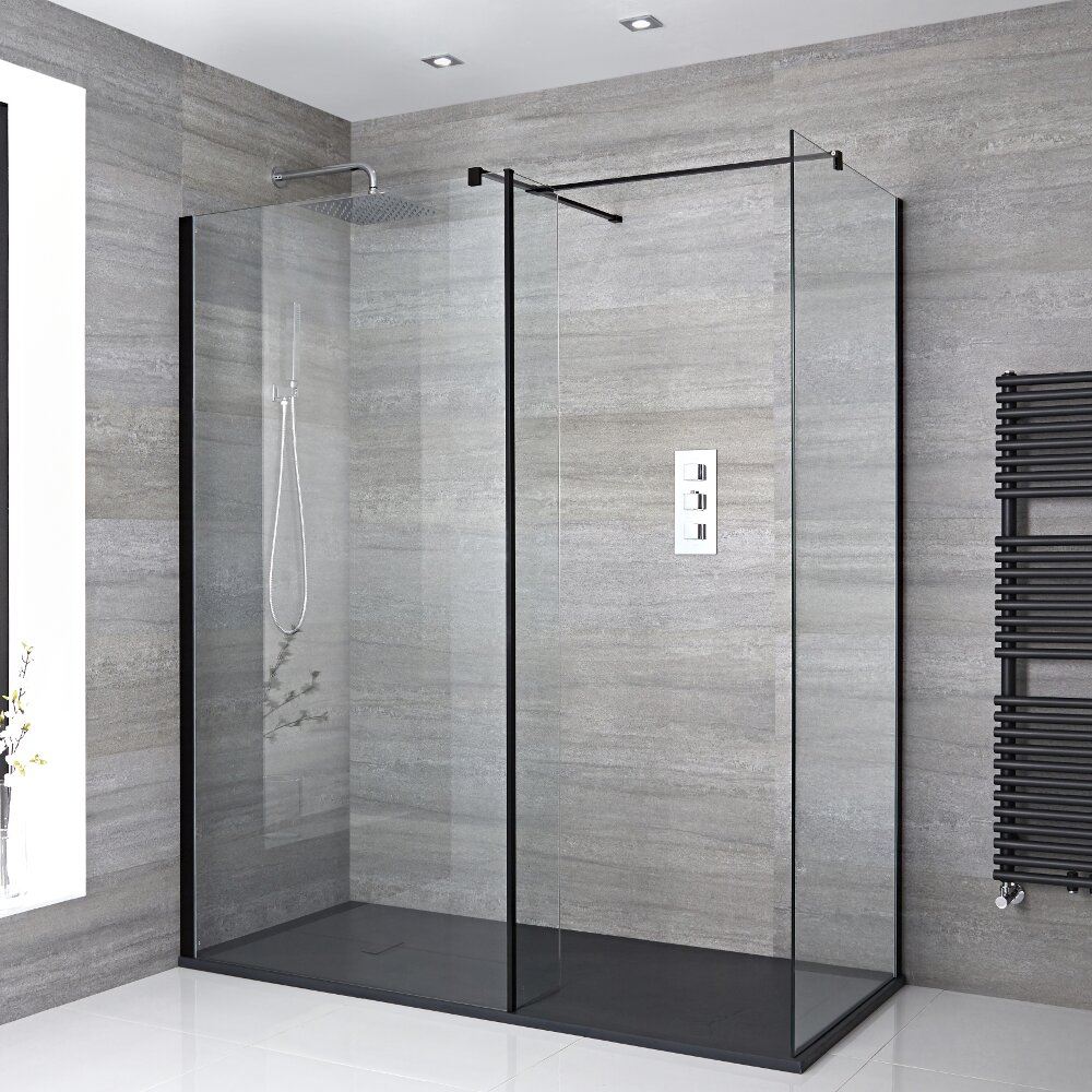 Paroi de Douche Lot de 2 - 90cm & 100cm - Retour - Profilés Noirs - Bras stabilisateurs & Receveur Anthracite 170 x 90cm Nox