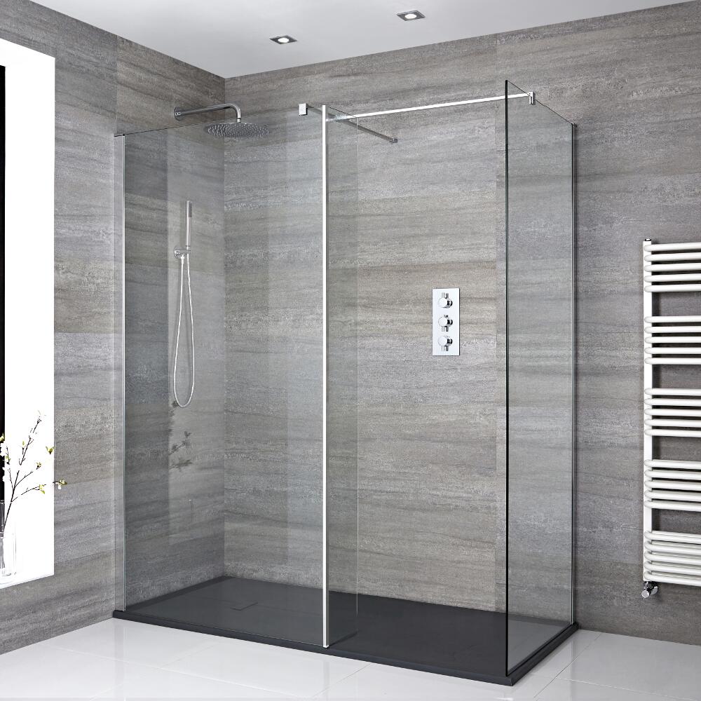 Douche italienne d’angle avec receveur de douche à effet texturé et paroi de retour – Multiples tailles disponibles – Portland