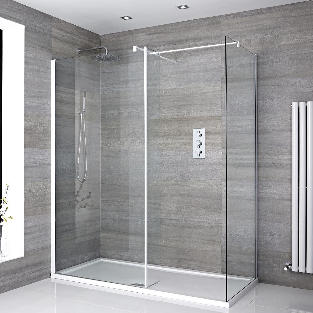 Paroi de Douche Lot de 2 80cm & 100cm - Retour - Profilés Blancs - Bras stabilisateurs & Receveur 170 x 80cm Portland